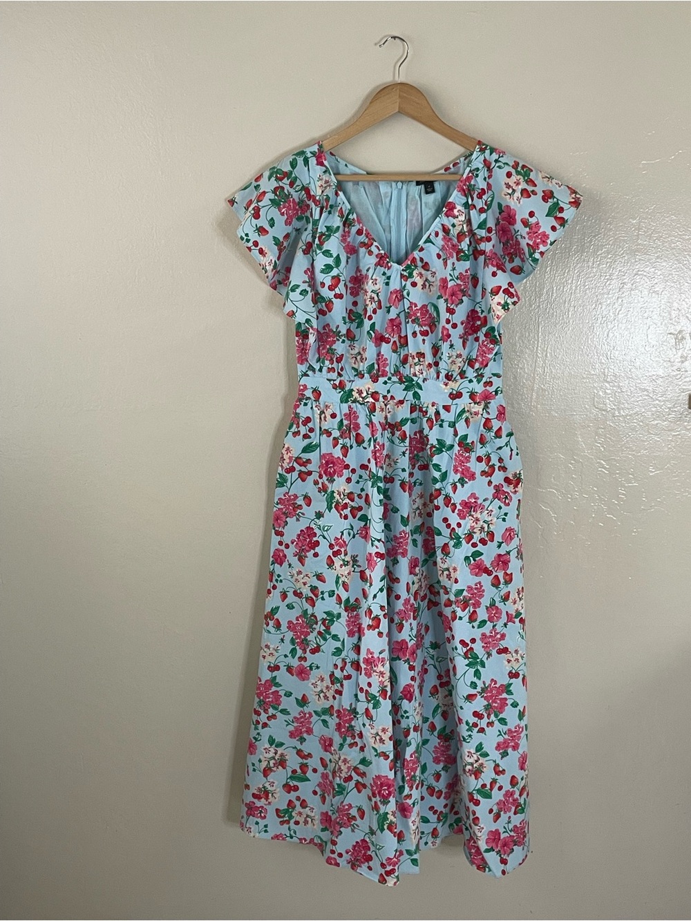 Ann Tylor blue strawberry floral print ruffle midi dress
